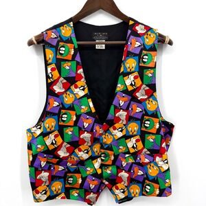 90s Vintage Looney Tunes Silk Vest Cartoon Graphic Novelty Waistcoat Size S M‎